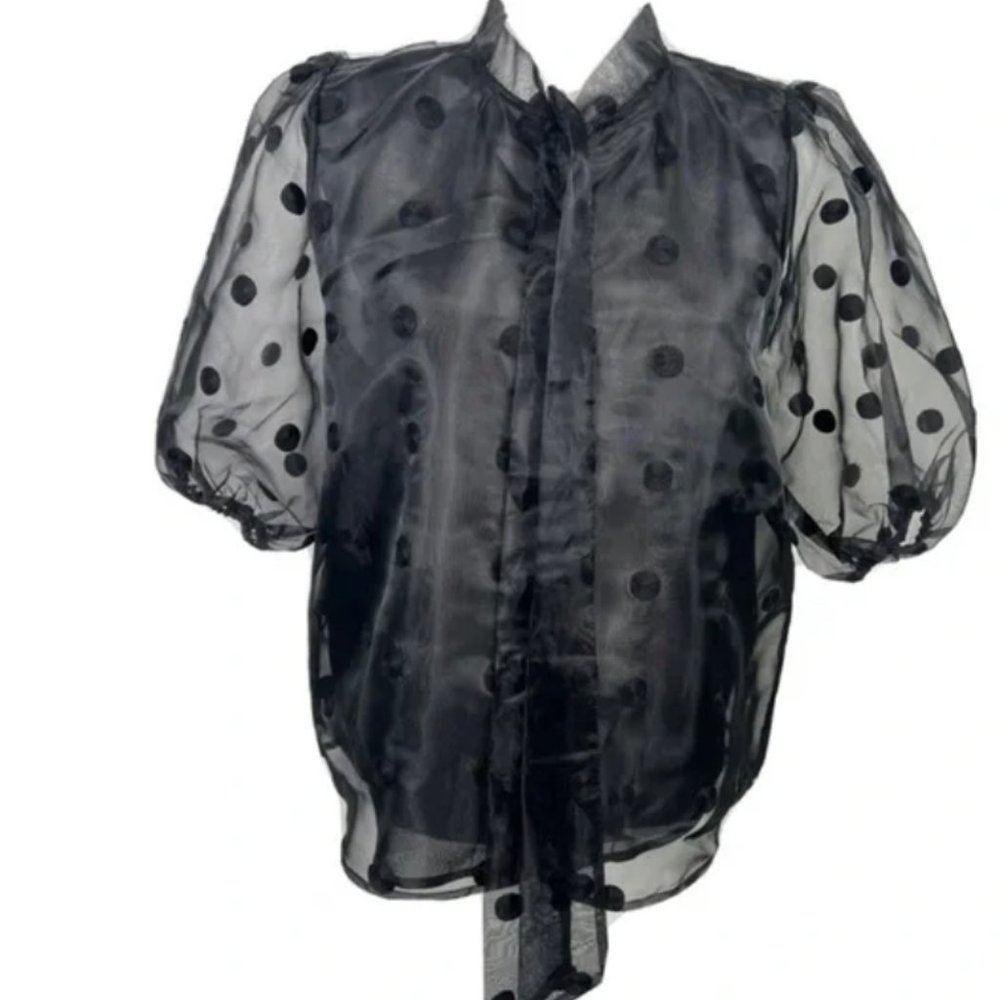 Marc New York Black Sheer Puff Sleeve Polka Dot Blouse  size  XS